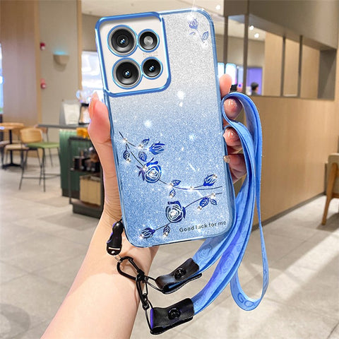 KADEM For Motorola Edge 50 5G Case Flower Pattern TPU Gradient Phone Cover with Lanyards