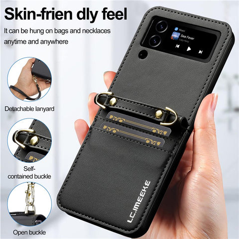 LC.IMEEKE for Samsung Galaxy Z Flip3 5G Case Leather+PC Phone Cover with Straps Card Slots