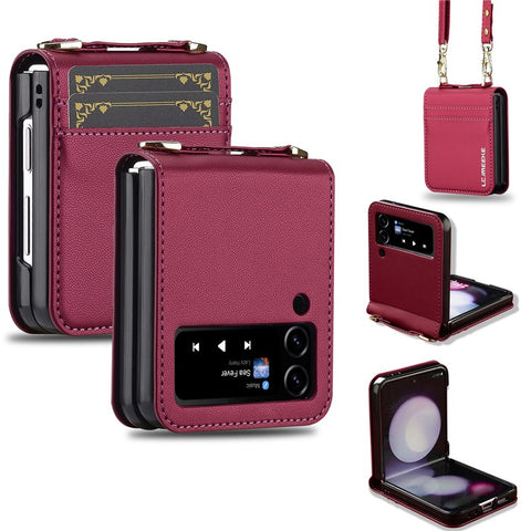LC.IMEEKE for Samsung Galaxy Z Flip3 5G Case Leather+PC Phone Cover with Straps Card Slots