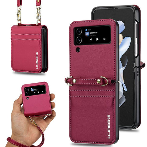 LC.IMEEKE L1 for Samsung Galaxy Z Flip3 5G Case Leather+PC Phone Cover with Straps Card Slots