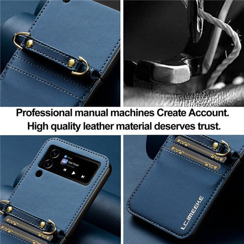 LC.IMEEKE L1 for Samsung Galaxy Z Flip4 5G Case Leather+PC Phone Cover with Straps Card Slots