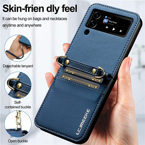LC.IMEEKE L1 for Samsung Galaxy Z Flip4 5G Case Leather+PC Phone Cover with Straps Card Slots