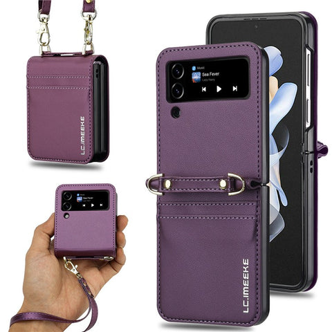 LC.IMEEKE L1 for Samsung Galaxy Z Flip4 5G Case Leather+PC Phone Cover with Straps Card Slots