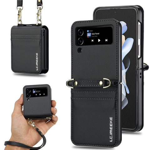 LC.IMEEKE L1 for Samsung Galaxy Z Flip4 5G Case Leather+PC Phone Cover with Straps Card Slots