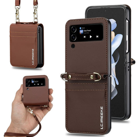 LC.IMEEKE L1 for Samsung Galaxy Z Flip4 5G Case Leather+PC Phone Cover with Straps Card Slots