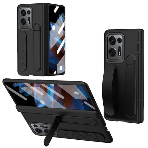For Oppo Find N2 5G Case Kickstand Wristband PC Phone Cover with Tempered Glass Film