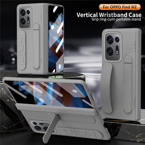 For Oppo Find N2 5G Case Kickstand Wristband PC Phone Cover with Tempered Glass Film
