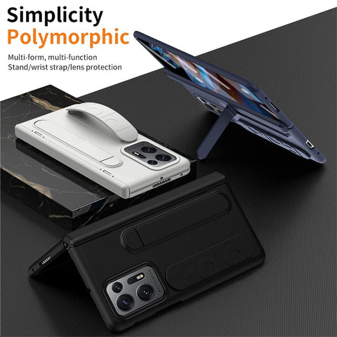 For Oppo Find N2 5G Case Kickstand Wristband PC Phone Cover with Tempered Glass Film