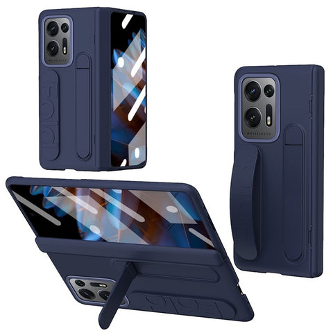 For Oppo Find N2 5G Case Kickstand Wristband PC Phone Cover with Tempered Glass Film