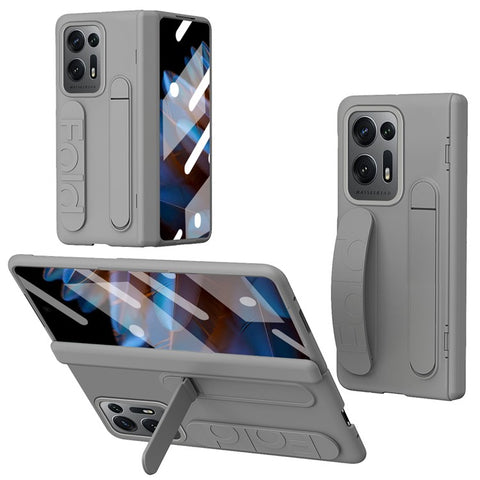 For Oppo Find N2 5G Case Kickstand Wristband PC Phone Cover with Tempered Glass Film