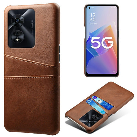 For Oppo A97 5G Protective Phone Case with Dual Card Slots Anti-fall PU Leather Coated Hard PC Back Cover Shell