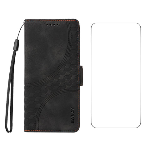 ENKAY For Oppo Reno12 F 4G Wallet Case  Imprint PU Leather Phone Stand Cover with Tempered Glass