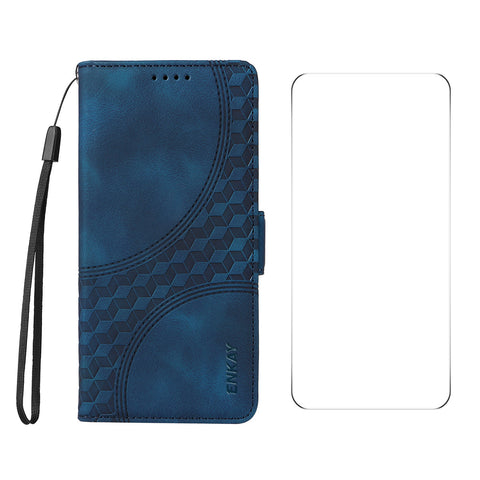 ENKAY For Oppo Reno12 F 4G Wallet Case  Imprint PU Leather Phone Stand Cover with Tempered Glass