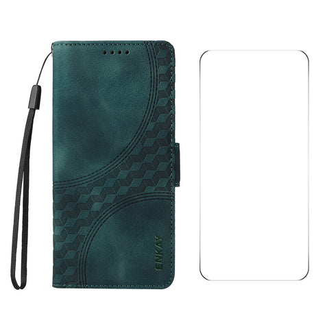 ENKAY For Oppo Reno12 F 4G Wallet Case  Imprint PU Leather Phone Stand Cover with Tempered Glass