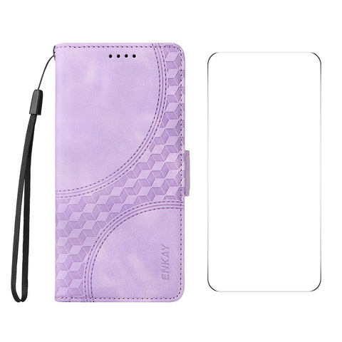 ENKAY For Oppo Reno12 F 4G Wallet Case  Imprint PU Leather Phone Stand Cover with Tempered Glass
