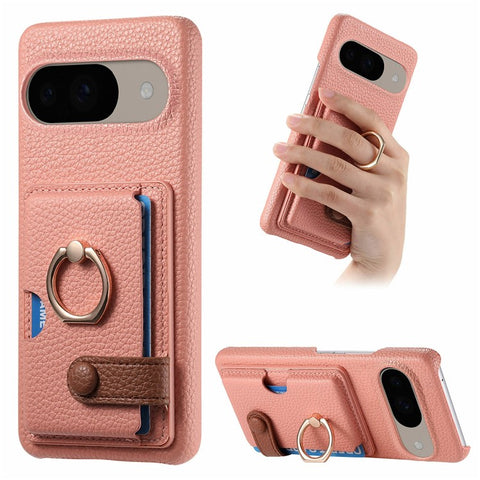 For Google Pixel 9 / 9 Pro Case Ring Holder Kickstand Card Slot Leather Phone Back Cover