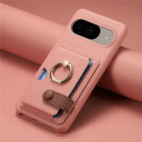 For Google Pixel 9 / 9 Pro Case Ring Holder Kickstand Card Slot Leather Phone Back Cover