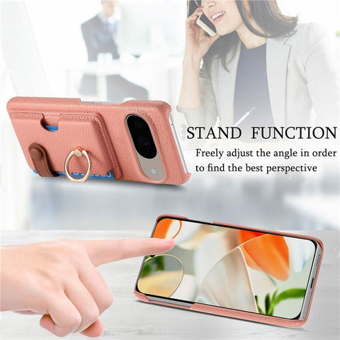For Google Pixel 9 / 9 Pro Case Ring Holder Kickstand Card Slot Leather Phone Back Cover