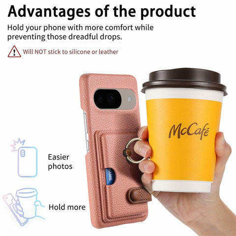 For Google Pixel 9 / 9 Pro Case Ring Holder Kickstand Card Slot Leather Phone Back Cover