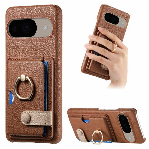 For Google Pixel 9 / 9 Pro Case Ring Holder Kickstand Card Slot Leather Phone Back Cover