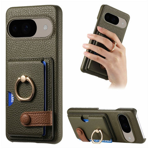For Google Pixel 9 / 9 Pro Case Ring Holder Kickstand Card Slot Leather Phone Back Cover