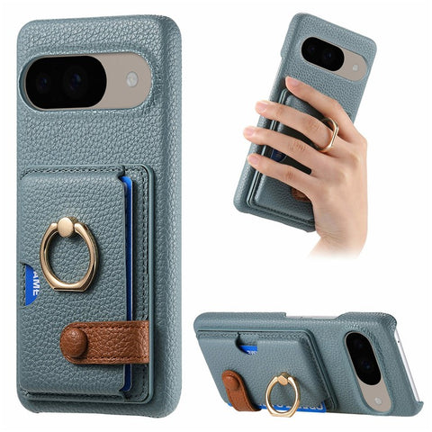 For Google Pixel 9 / 9 Pro Case Ring Holder Kickstand Card Slot Leather Phone Back Cover