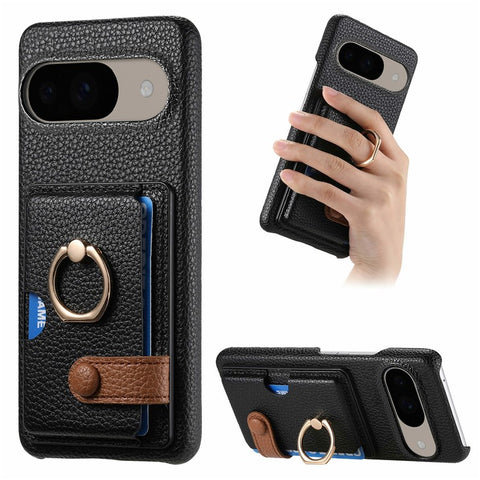For Google Pixel 9 / 9 Pro Case Ring Holder Kickstand Card Slot Leather Phone Back Cover