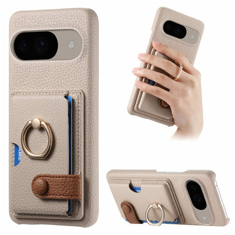 For Google Pixel 9 / 9 Pro Case Ring Holder Kickstand Card Slot Leather Phone Back Cover