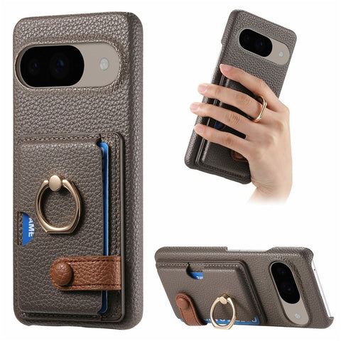 For Google Pixel 9 / 9 Pro Case Ring Holder Kickstand Card Slot Leather Phone Back Cover