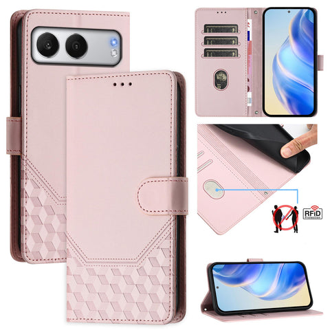 For OnePlus Nord 4 Case Imprinted Honeycomb RFID Blocking Leather Phone Cover with Strap