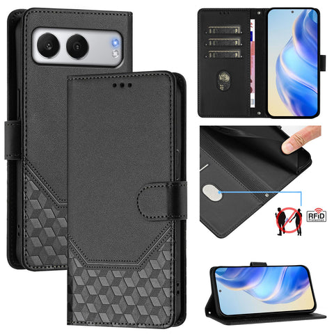For OnePlus Nord 4 Case Imprinted Honeycomb RFID Blocking Leather Phone Cover with Strap