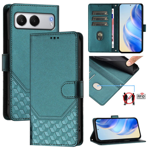 For OnePlus Nord 4 Case Imprinted Honeycomb RFID Blocking Leather Phone Cover with Strap
