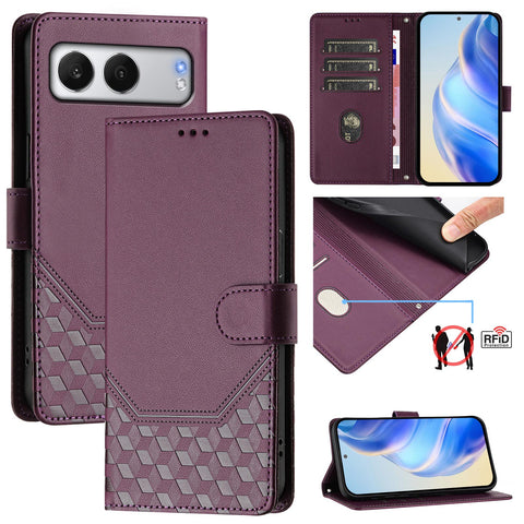 For OnePlus Nord 4 Case Imprinted Honeycomb RFID Blocking Leather Phone Cover with Strap