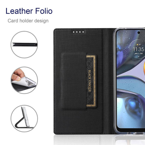 VILI DMX Series Drop-proof Phone Case for Motorola Edge (2022) 5G, PU Leather Magnetic Closure Flip Cover Stand with Card Holder