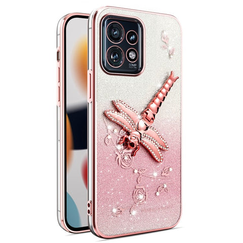 KADEM For Motorola Edge 40 Pro 5G Case Dragonfly Kickstand TPU Flowers Glitter Phone Cover