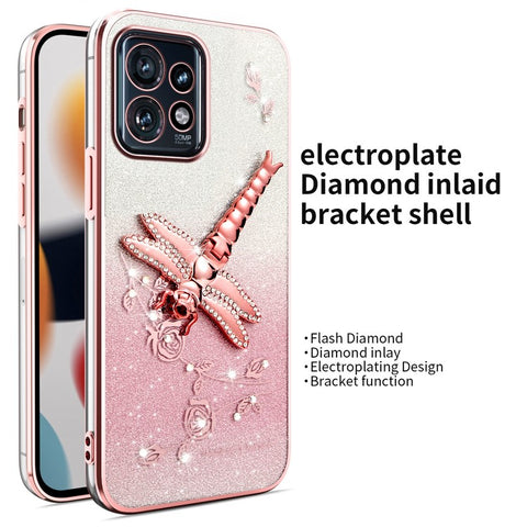 KADEM For Motorola Edge 40 Pro 5G Case Dragonfly Kickstand TPU Flowers Glitter Phone Cover