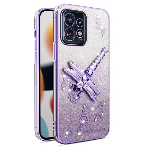 KADEM For Motorola Edge 40 Pro 5G Case Dragonfly Kickstand TPU Flowers Glitter Phone Cover