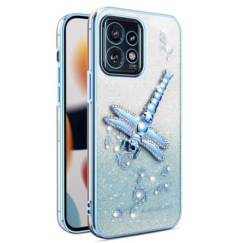 KADEM For Motorola Edge 40 Pro 5G Case Dragonfly Kickstand TPU Flowers Glitter Phone Cover