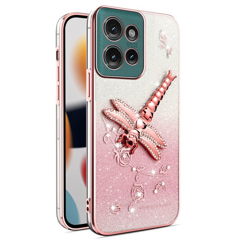 KADEM For Motorola Edge 50 5G Case Dragonfly Kickstand TPU Flowers Glitter Phone Cover
