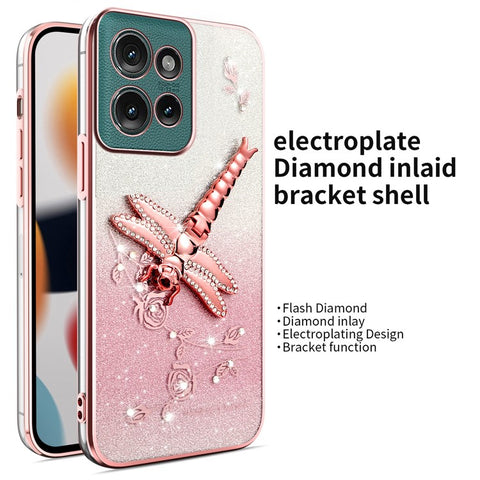 KADEM For Motorola Edge 50 5G Case Dragonfly Kickstand TPU Flowers Glitter Phone Cover