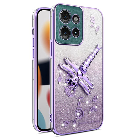 KADEM For Motorola Edge 50 5G Case Dragonfly Kickstand TPU Flowers Glitter Phone Cover