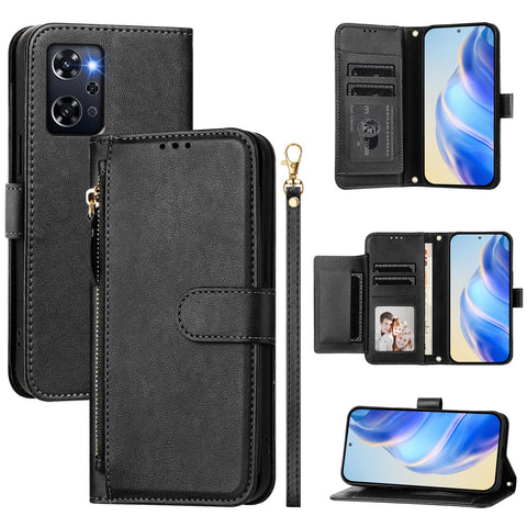 For Oppo Reno 9A Case Zipper Pocket Multiple Card Slots Leather Phone Cover