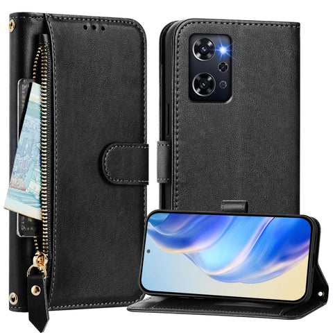 For Oppo Reno 9A Case Zipper Pocket Multiple Card Slots Leather Phone Cover