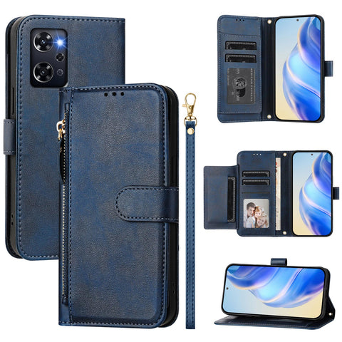 For Oppo Reno 9A Case Zipper Pocket Multiple Card Slots Leather Phone Cover