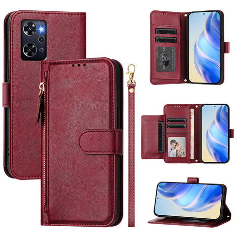 For Oppo Reno 9A Case Zipper Pocket Multiple Card Slots Leather Phone Cover