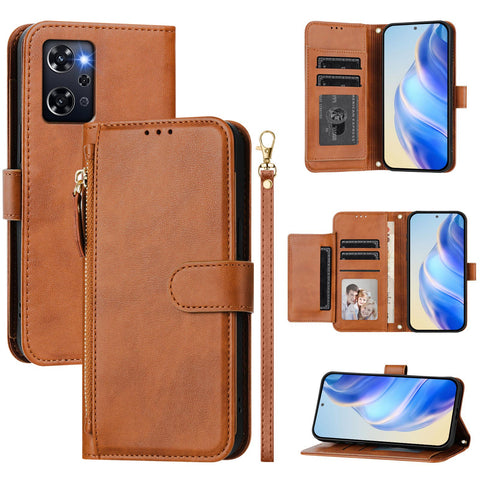 For Oppo Reno 9A Case Zipper Pocket Multiple Card Slots Leather Phone Cover