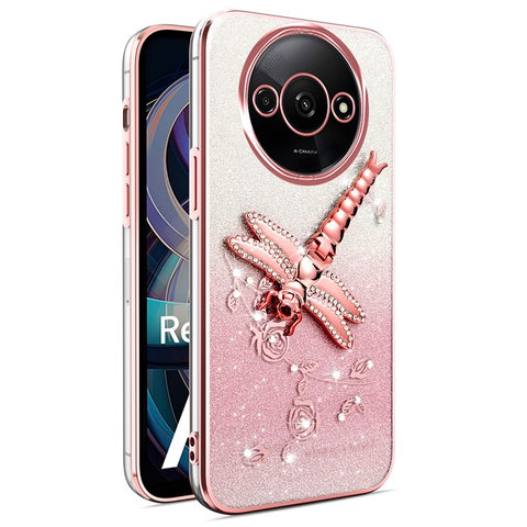 KADEM Case For Xiaomi Redmi A3 4G / A3x 4G / Poco C61 4G Dragonfly Kickstand TPU Flowers Glitter Phone Cover