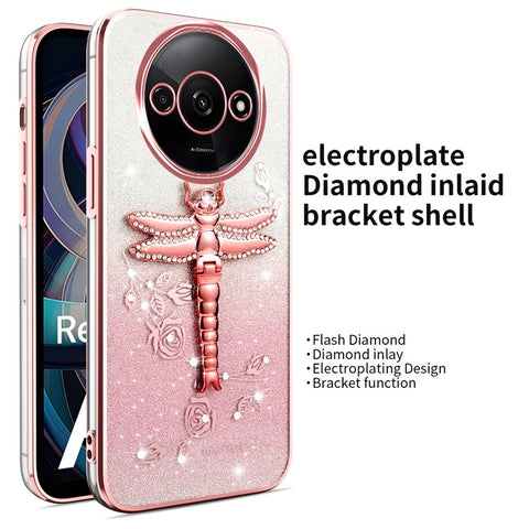 KADEM Case For Xiaomi Redmi A3 4G / A3x 4G / Poco C61 4G Dragonfly Kickstand TPU Flowers Glitter Phone Cover