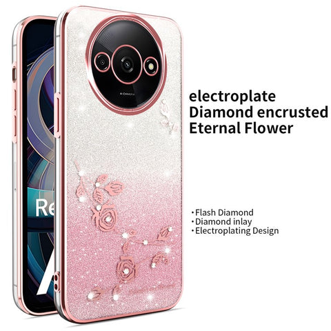 KADEM Case For Xiaomi Redmi A3 4G / A3x 4G / Poco C61 4G Dragonfly Kickstand TPU Flowers Glitter Phone Cover
