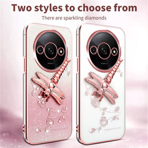 KADEM Case For Xiaomi Redmi A3 4G / A3x 4G / Poco C61 4G Dragonfly Kickstand TPU Flowers Glitter Phone Cover